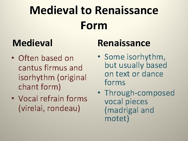 Medieval to Renaissance Form Medieval Renaissance • Some isorhythm, • Often based on but