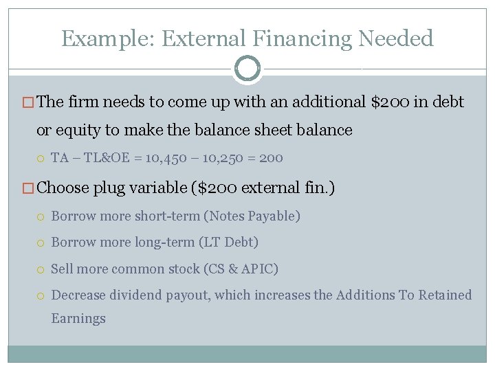 Example: External Financing Needed � The firm needs to come up with an additional