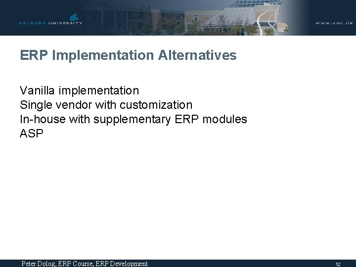 ERP Implementation Alternatives Vanilla implementation Single vendor with customization In-house with supplementary ERP modules