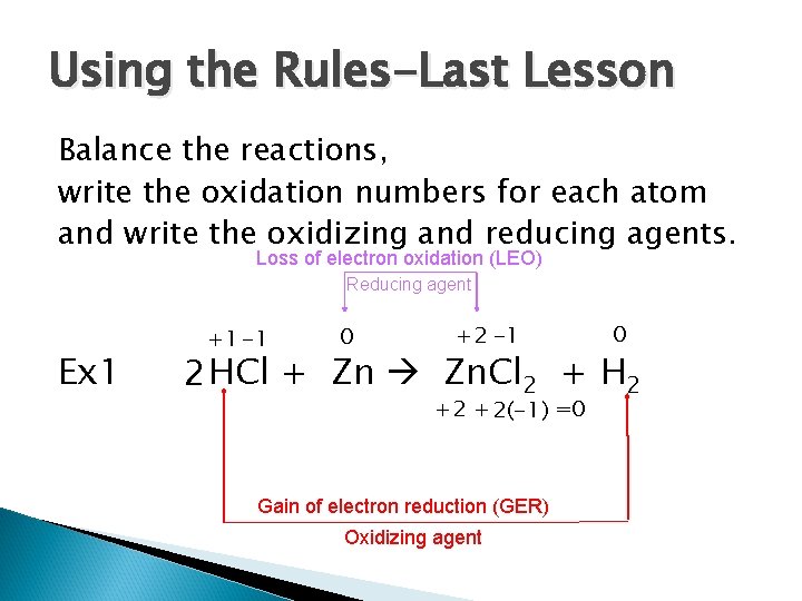 Using the Rules-Last Lesson Balance the reactions, write the oxidation numbers for each atom