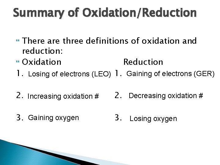 Summary of Oxidation/Reduction There are three definitions of oxidation and reduction: Oxidation Reduction 1.