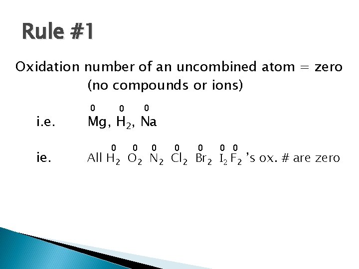 Rule #1 Oxidation number of an uncombined atom = zero (no compounds or ions)