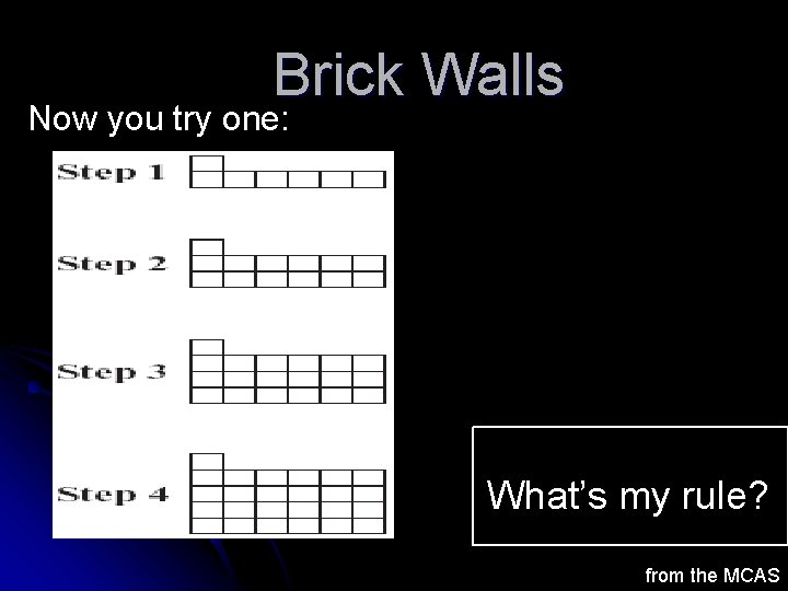 Brick Walls Now you try one: What’s my rule? from the MCAS Brick Walls Now you try one: What’s my rule? from the MCAS