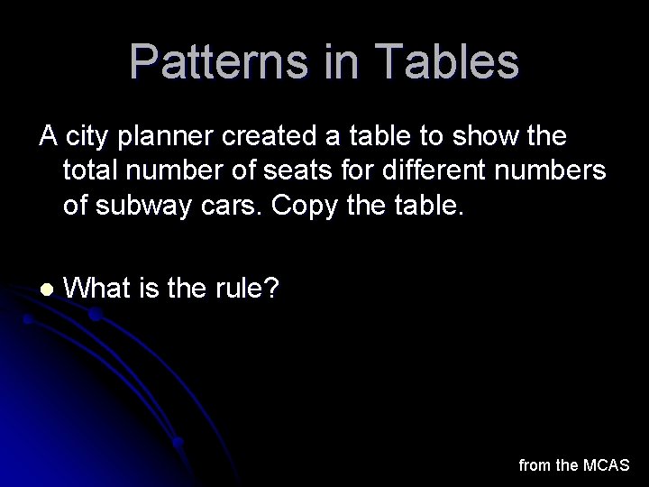 Patterns in Tables A city planner created a table to show the total number Patterns in Tables A city planner created a table to show the total number