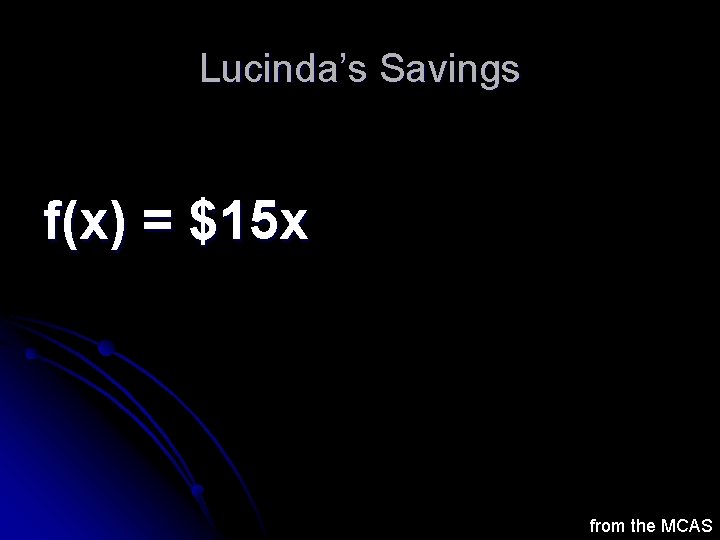 Lucinda’s Savings f(x) = $15 x from the MCAS Lucinda’s Savings f(x) = $15 x from the MCAS