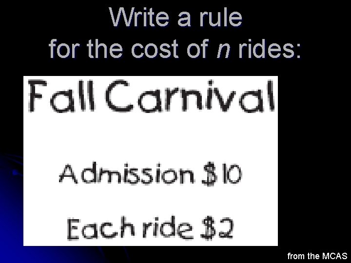 Write a rule for the cost of n rides: from the MCAS Write a rule for the cost of n rides: from the MCAS