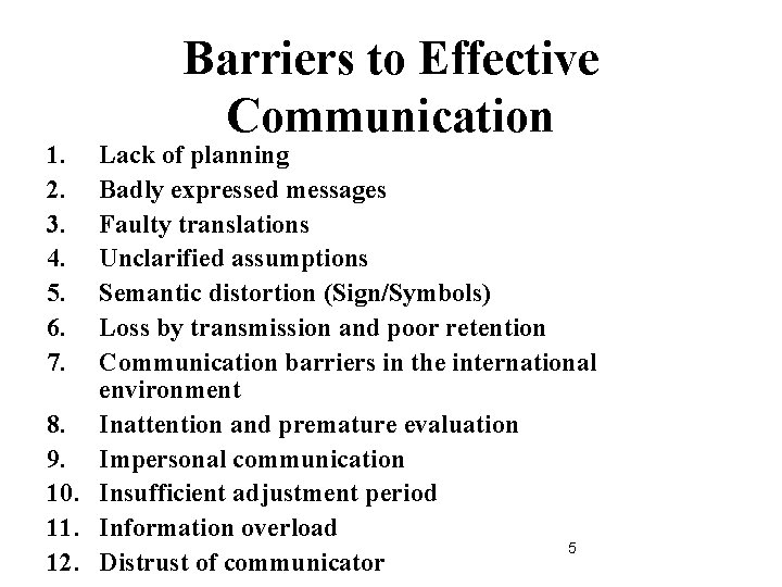 1. 2. 3. 4. 5. 6. 7. Barriers to Effective Communication Lack of planning