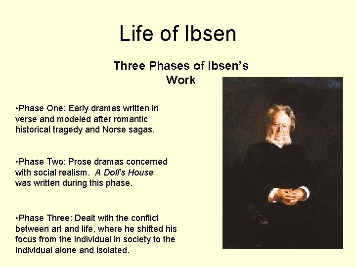 Life of Ibsen Three Phases of Ibsen’s Work • Phase One: Early dramas written Life of Ibsen Three Phases of Ibsen’s Work • Phase One: Early dramas written