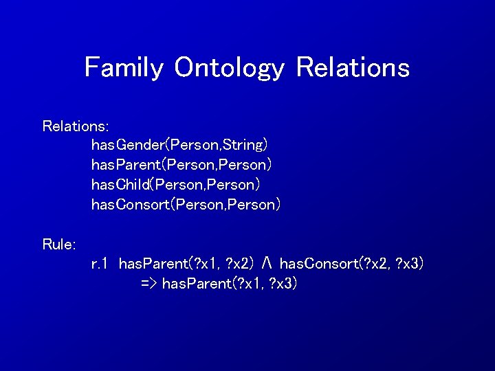 Family Ontology Relations: has. Gender(Person, String) has. Parent(Person, Person) has. Child(Person, Person) has. Consort(Person,