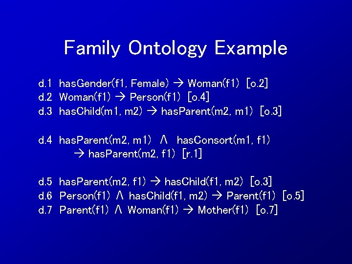 Family Ontology Example d. 1 has. Gender(f 1, Female) Woman(f 1) [o. 2] d.