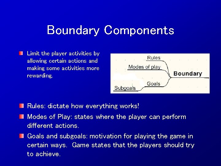 Boundary Components Limit the player activities by allowing certain actions and making some activities