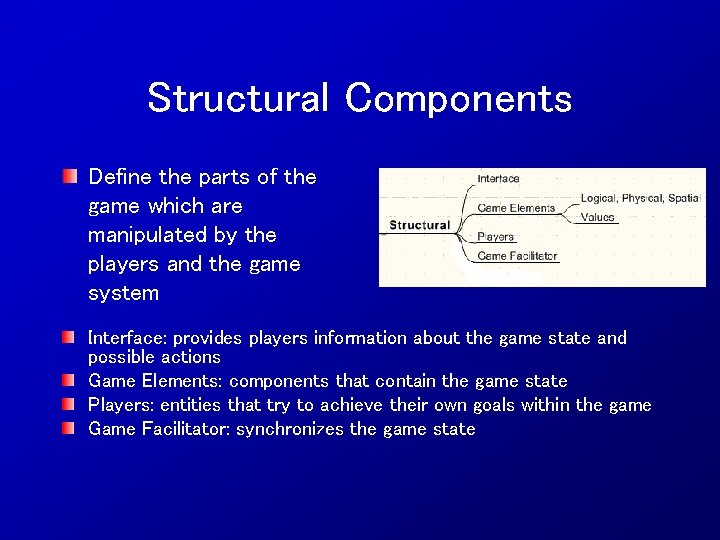 Structural Components Define the parts of the game which are manipulated by the players