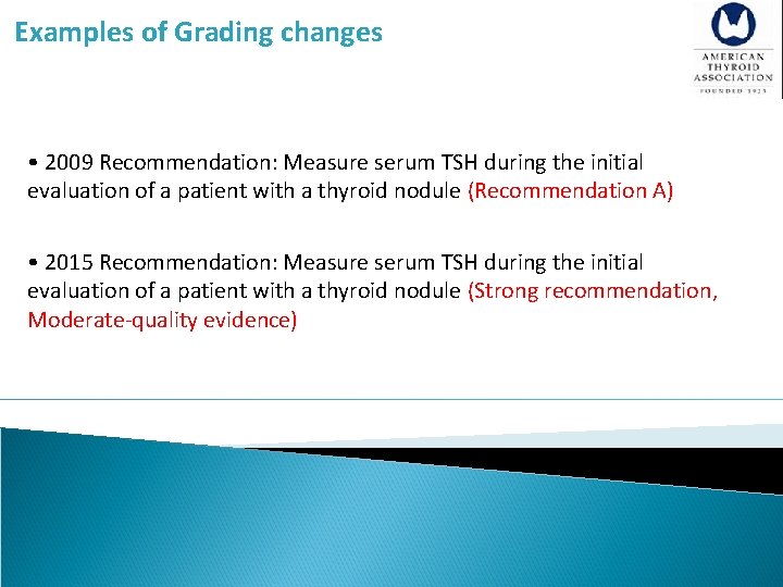 Examples of Grading changes • 2009 Recommendation: Measure serum TSH during the initial evaluation