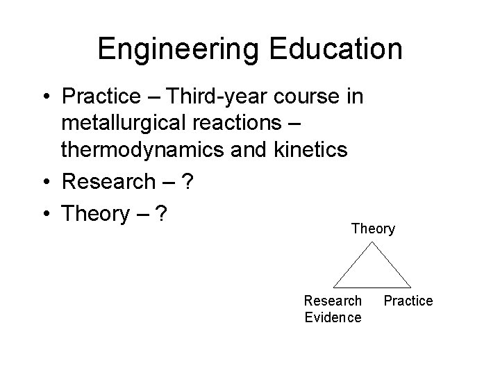 Engineering Education • Practice – Third-year course in metallurgical reactions – thermodynamics and kinetics