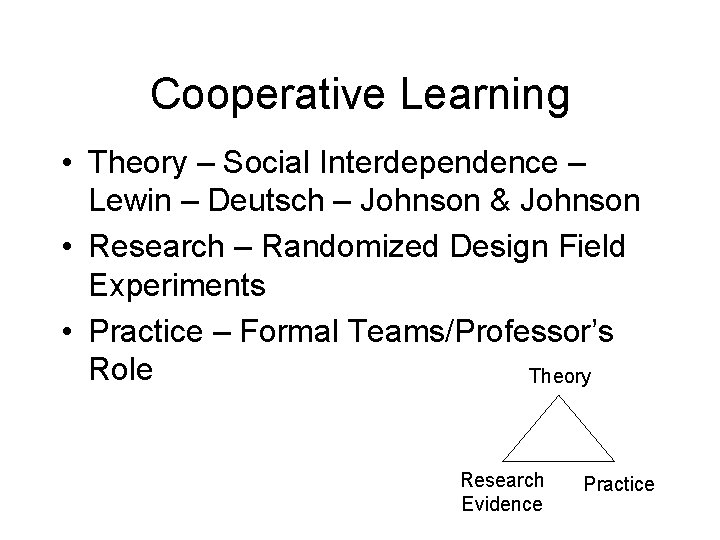 Cooperative Learning • Theory – Social Interdependence – Lewin – Deutsch – Johnson &