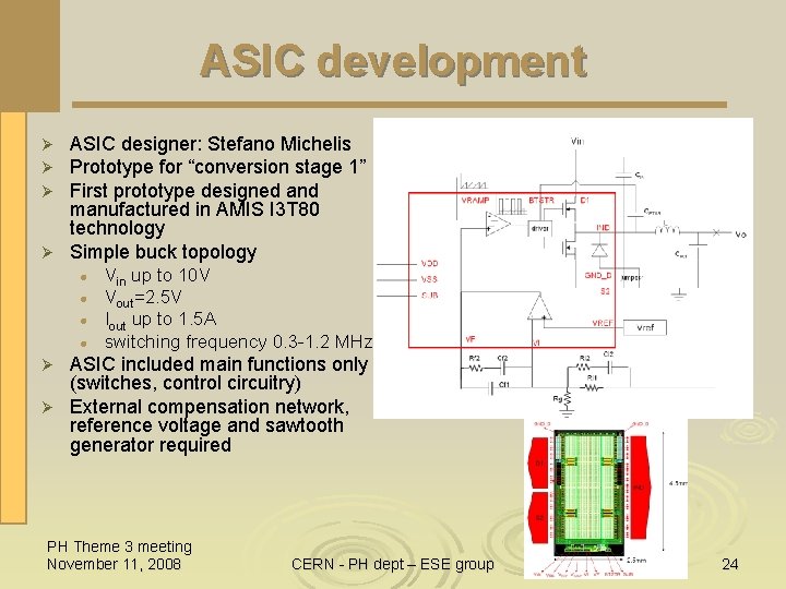 ASIC development ASIC designer: Stefano Michelis Prototype for “conversion stage 1” First prototype designed