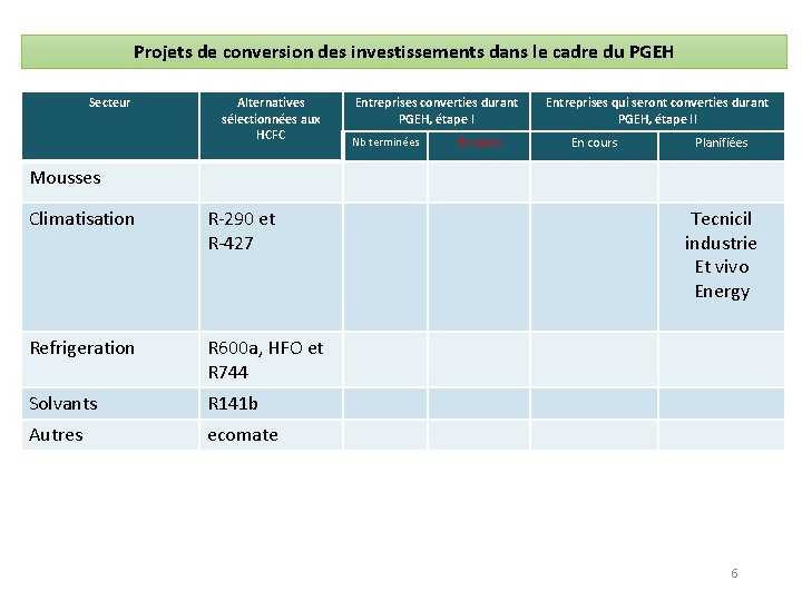 Projets de conversion des investissements dans le cadre du PGEH Secteur Alternatives sélectionnées aux