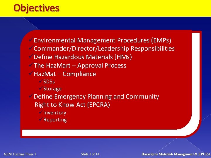Objectives üEnvironmental Management Procedures (EMPs) üCommander/Director/Leadership Responsibilities üDefine Hazardous Materials (HMs) üThe Haz. Mart