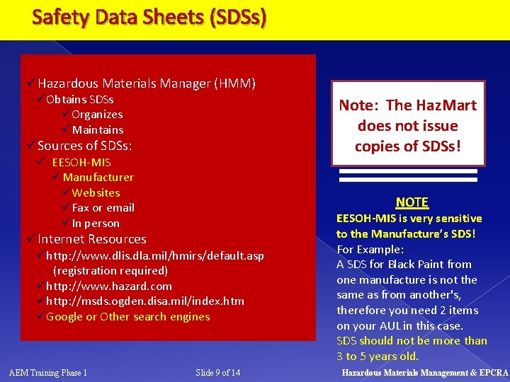 Safety Data Sheets (SDSs) üHazardous Materials Manager (HMM) üObtains SDSs üOrganizes üMaintains Note: The