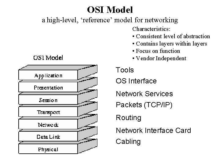 OSI Model a high-level, ‘reference’ model for networking Characteristics: • Consistent level of abstraction OSI Model a high-level, ‘reference’ model for networking Characteristics: • Consistent level of abstraction