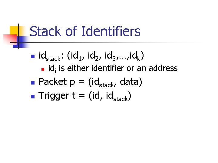 Stack of Identifiers n idstack: (id 1, id 2, id 3, …, idk) n