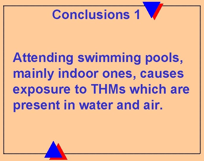 Conclusions 1 Attending swimming pools, mainly indoor ones, causes exposure to THMs which are