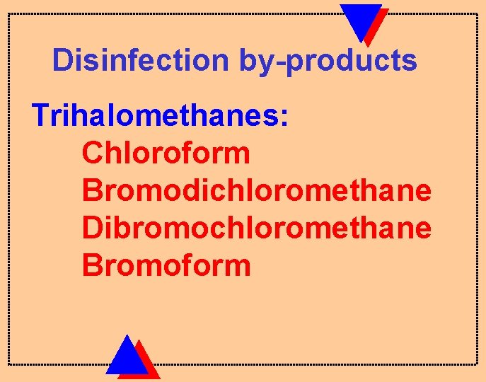 Disinfection by-products Trihalomethanes: Chloroform Bromodichloromethane Dibromochloromethane Bromoform 