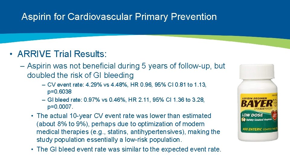 Aspirin for Cardiovascular Primary Prevention • ARRIVE Trial Results: – Aspirin was not beneficial