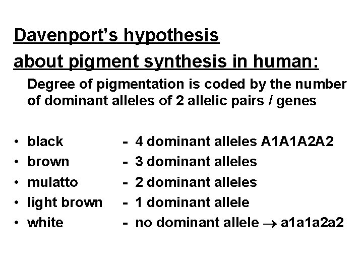 Davenport’s hypothesis about pigment synthesis in human: Degree of pigmentation is coded by the