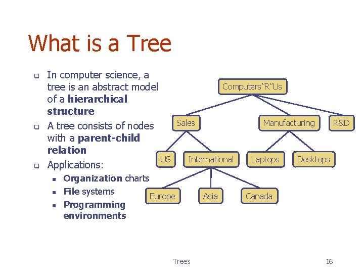 What is a Tree q q q In computer science, a tree is an