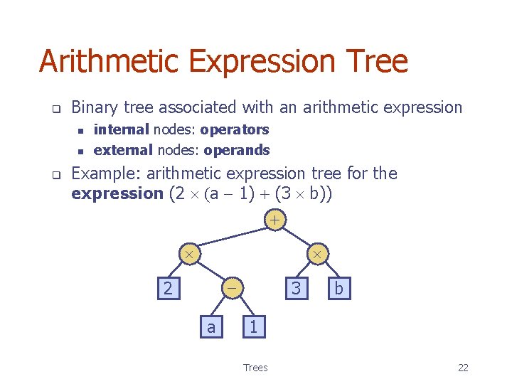 Arithmetic Expression Tree q Binary tree associated with an arithmetic expression n n q