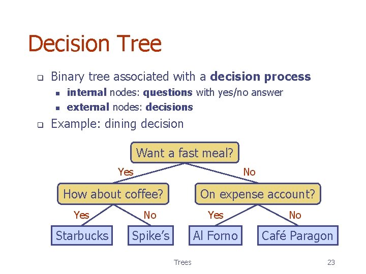 Decision Tree q Binary tree associated with a decision process n n q internal