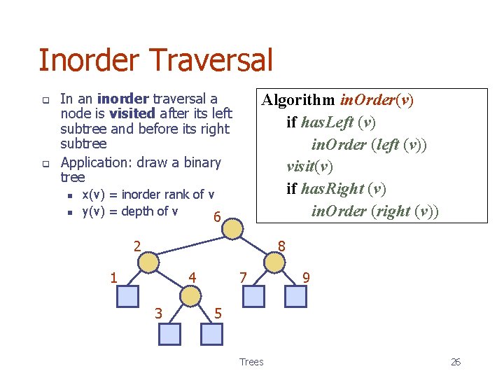Inorder Traversal q q In an inorder traversal a node is visited after its