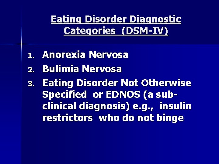 Eating Disorder Diagnostic Categories (DSM-IV) 1. 2. 3. Anorexia Nervosa Bulimia Nervosa Eating Disorder