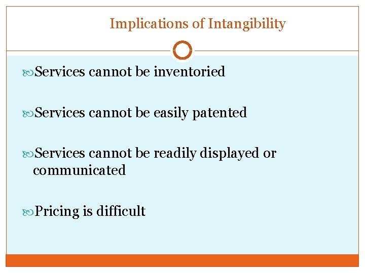 Implications of Intangibility Services cannot be inventoried Services cannot be easily patented Services cannot