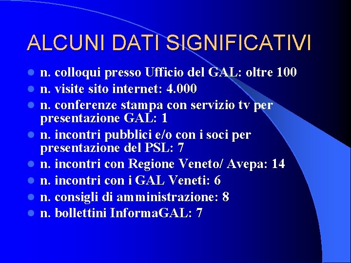 ALCUNI DATI SIGNIFICATIVI l l l l n. colloqui presso Ufficio del GAL: oltre ALCUNI DATI SIGNIFICATIVI l l l l n. colloqui presso Ufficio del GAL: oltre