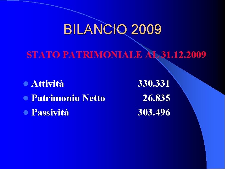 BILANCIO 2009 STATO PATRIMONIALE AL 31. 12. 2009 l Attività l Patrimonio l Passività BILANCIO 2009 STATO PATRIMONIALE AL 31. 12. 2009 l Attività l Patrimonio l Passività