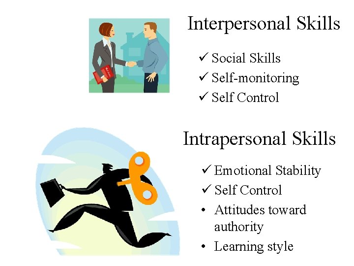 Interpersonal Skills ü Social Skills ü Self-monitoring ü Self Control Intrapersonal Skills ü Emotional