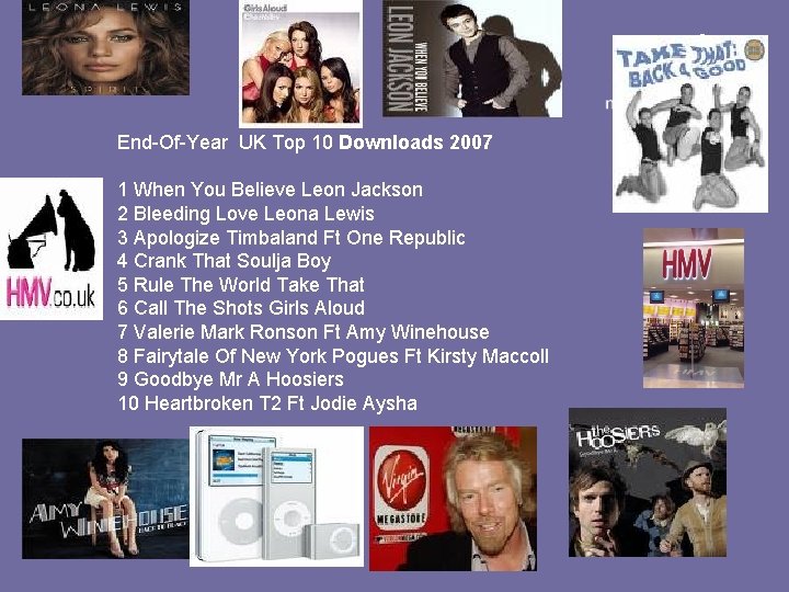 End-Of-Year UK Top 10 Downloads 2007 1 When You Believe Leon Jackson 2 Bleeding