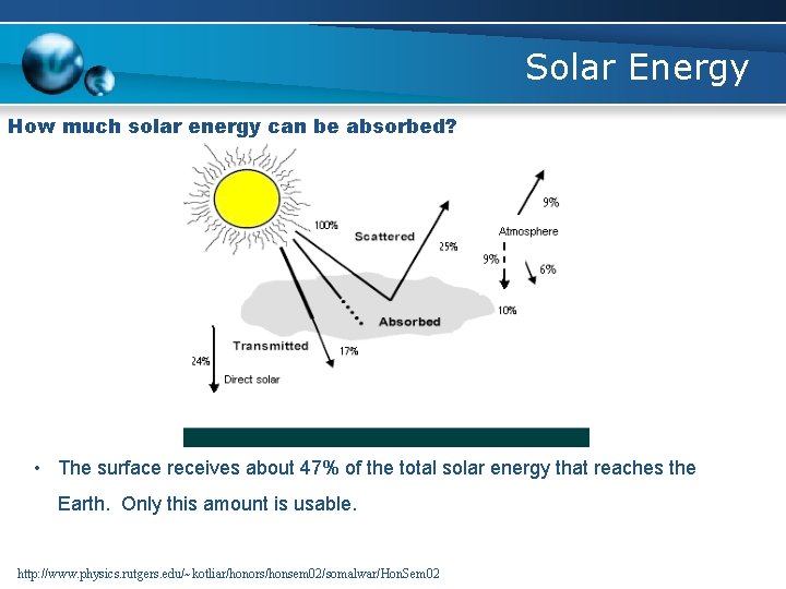 Solar Energy How much solar energy can be absorbed? • The surface receives about
