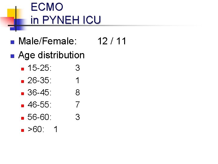 ECMO in PYNEH ICU n n Male/Female: Age distribution n n n 15 -25: