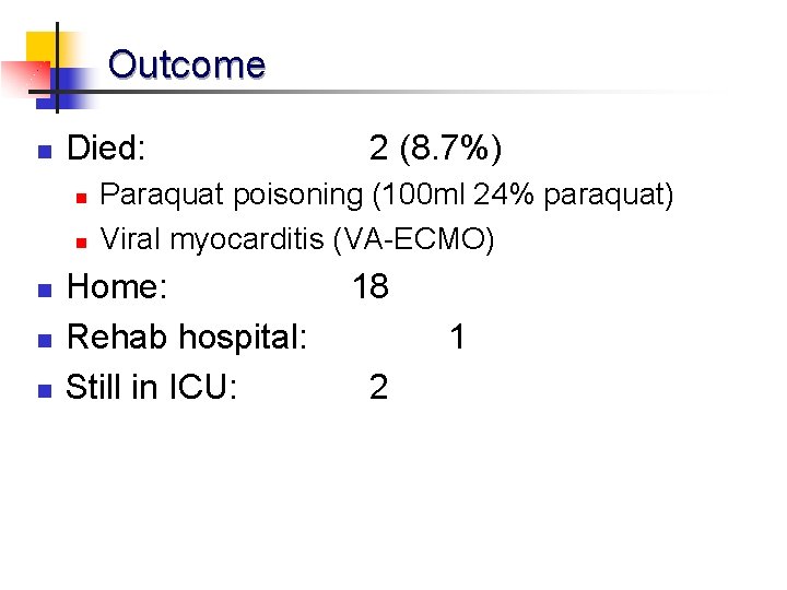 Outcome n Died: n n n 2 (8. 7%) Paraquat poisoning (100 ml 24%