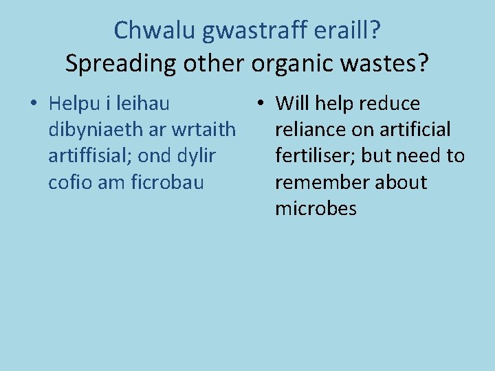 Chwalu gwastraff eraill? Spreading other organic wastes? • Helpu i leihau • Will help