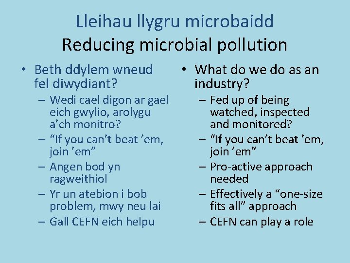 Lleihau llygru microbaidd Reducing microbial pollution • Beth ddylem wneud fel diwydiant? – Wedi