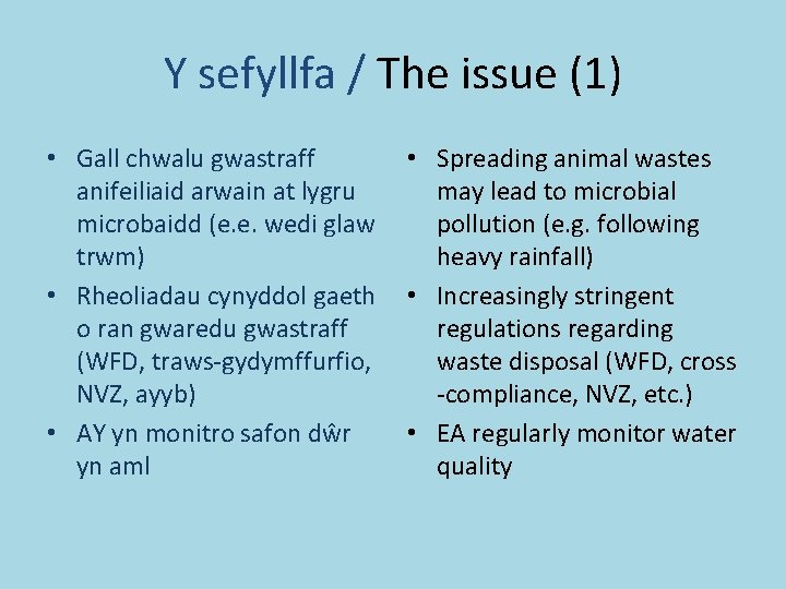 Y sefyllfa / The issue (1) • Gall chwalu gwastraff anifeiliaid arwain at lygru