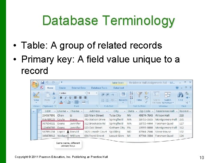 Database Terminology • Table: A group of related records • Primary key: A field