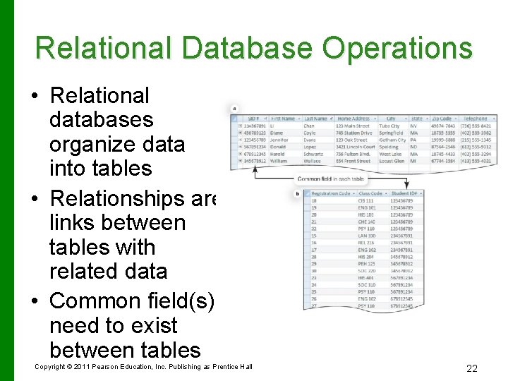 Relational Database Operations • Relational databases organize data into tables • Relationships are links