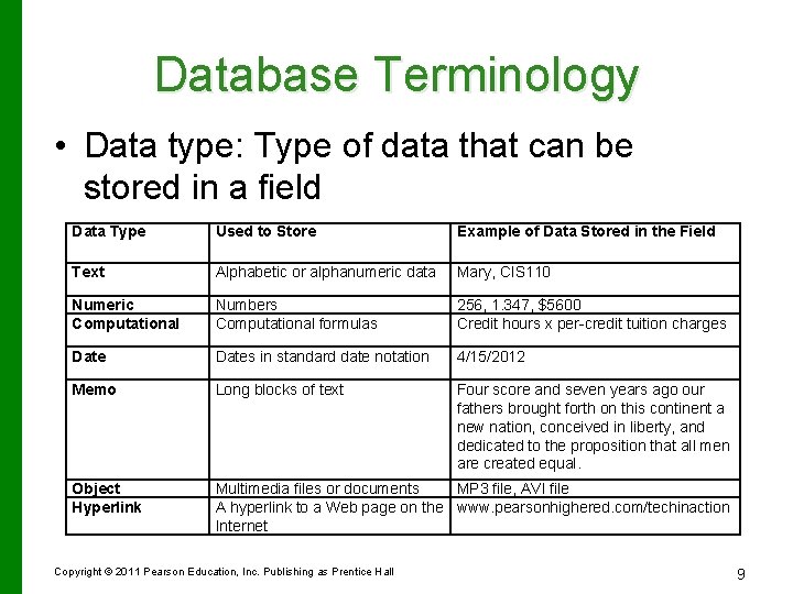 Database Terminology • Data type: Type of data that can be stored in a