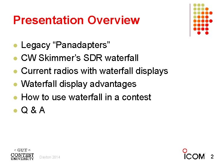 Presentation Overview l l l Legacy “Panadapters” CW Skimmer’s SDR waterfall Current radios with