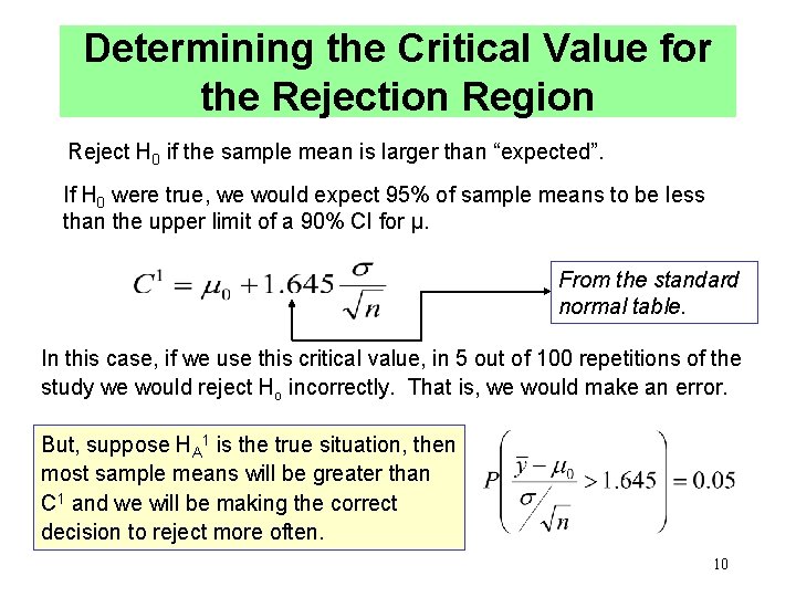 Determining the Critical Value for the Rejection Region Reject H 0 if the sample